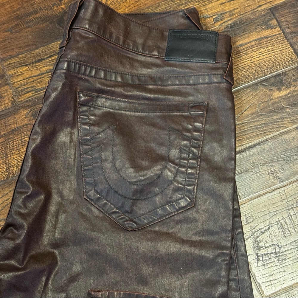 True Religion Dean Leather-look Coated Dark Brown Men's Tapered Jeans 38x32
